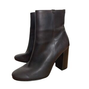 Frye Boots Dark Brown Leather Block Heel Ankle Boots Side Zip Minimalist Booties